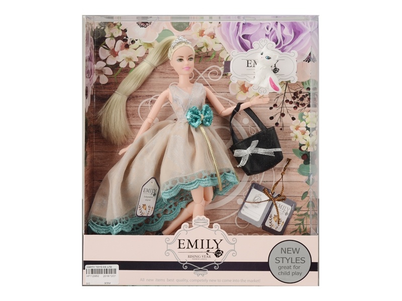 Păpușa Emily cu Geantă și Pisică Albă, 30cm