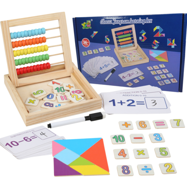 Învață Matematica, joc Montessori din lemn cu fise, abac și cartonașe