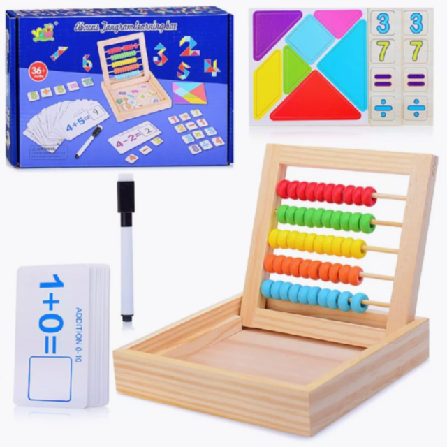 Învață Matematica, joc Montessori din lemn cu fise, abac și cartonașe