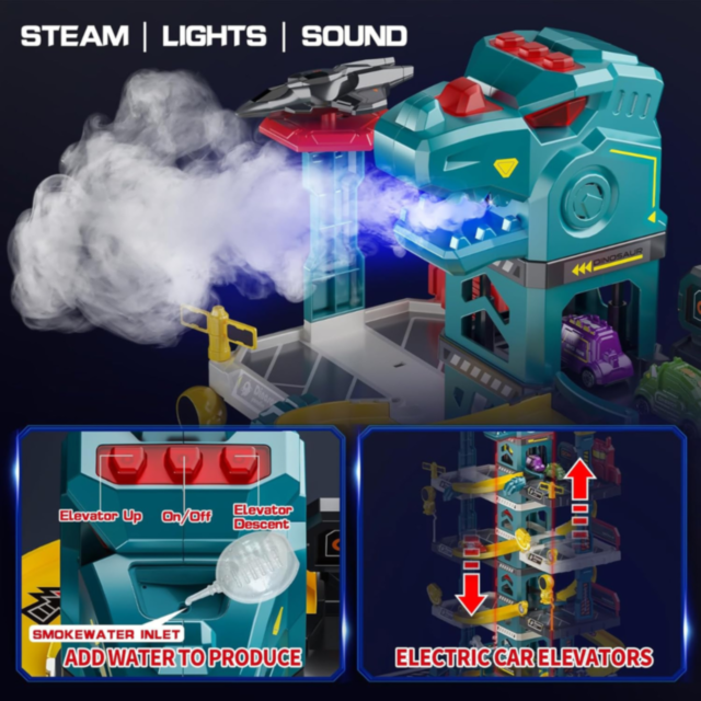 Garaj Dinozaur cu Lift Electric și Mașinuțe