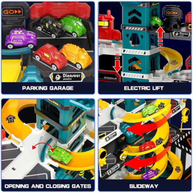 Garaj Dinozaur cu Lift Electric și Mașinuțe