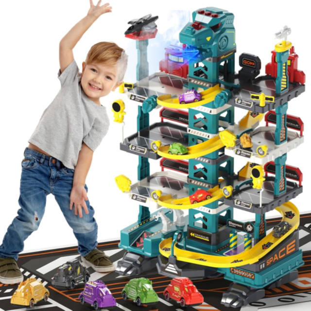 Garaj Dinozaur cu Lift Electric și Mașinuțe