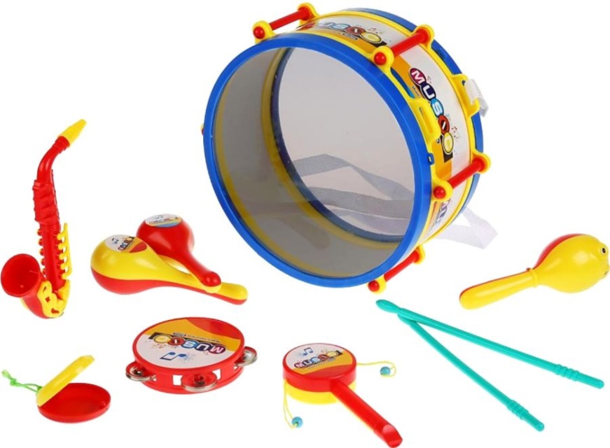 Tobă cu Trompetă, Fluier, Saxofon, Maracas și Tamburină