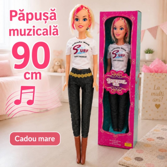Păpușă muzicală mare 90 cm cu ținută fashion