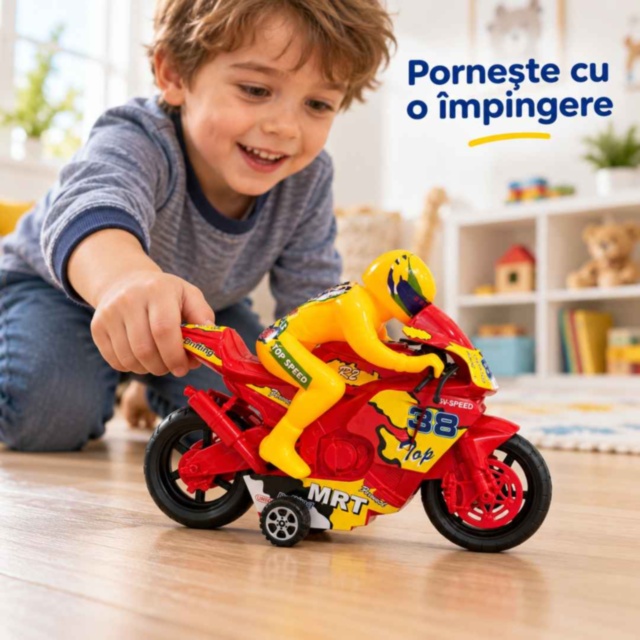 Motocicletă de curse cu pilot și roți ajutătoare