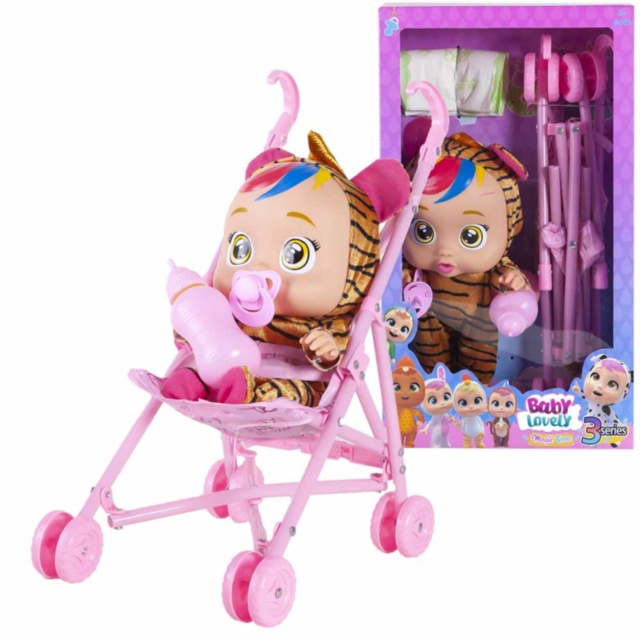 Păpușa Cry Babies cu 4 Sunete Realiste si Cărucior