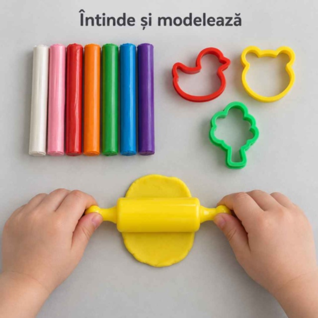 Set plastilină în 8 culori, cu forme și sucitor