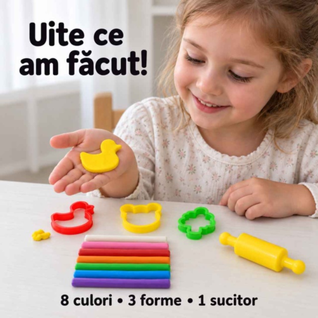 Set plastilină în 8 culori, cu forme și sucitor
