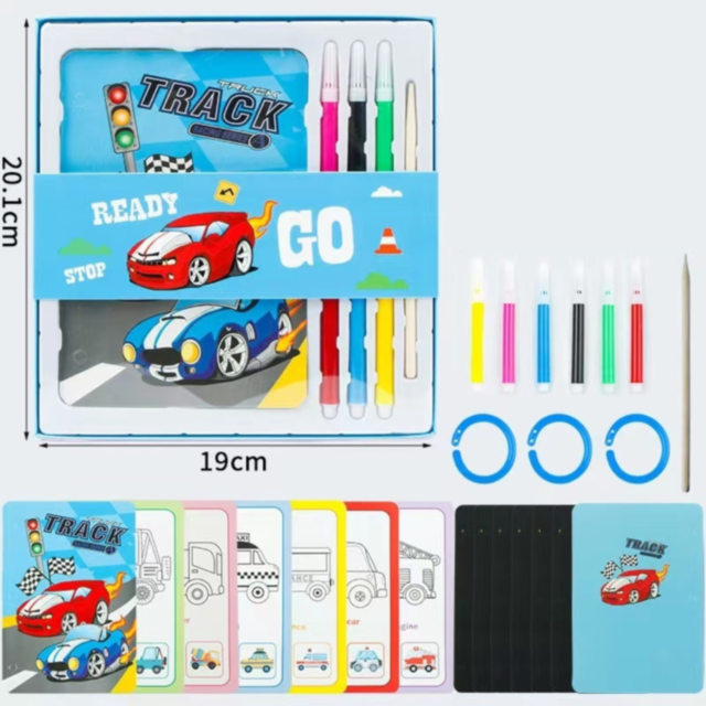 Set Creativ cu Cărți de Colorat și Răzuire - Tematica Mașini și Curse