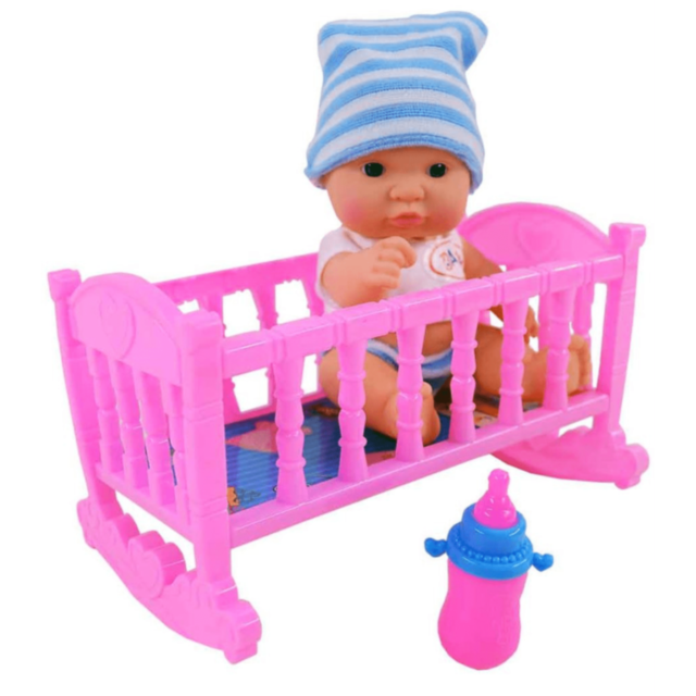 Păpușă Bebeluș cu Pătuț Roz și Biberon (culoare aleatorie)