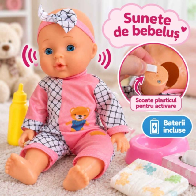 Păpușă bebeluș 28 cm cu sunete și accesorii