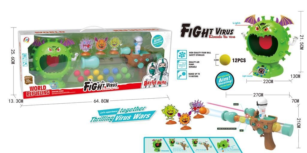 Pușca cu Aer Comprimat "Medicii contra Covid19" cu 12 Bile din Burete și Țintă Virus cu Contor