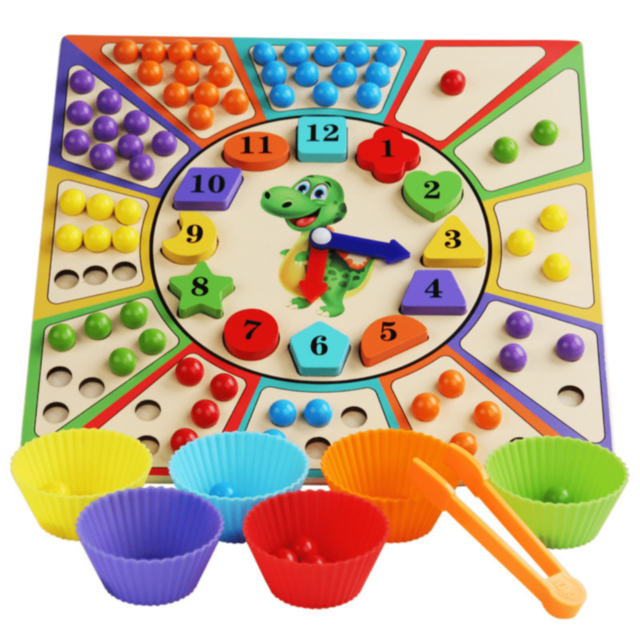 Ceas Educațional cu Dinozaur – Joc de Sortare Culori și Forme din Lemn