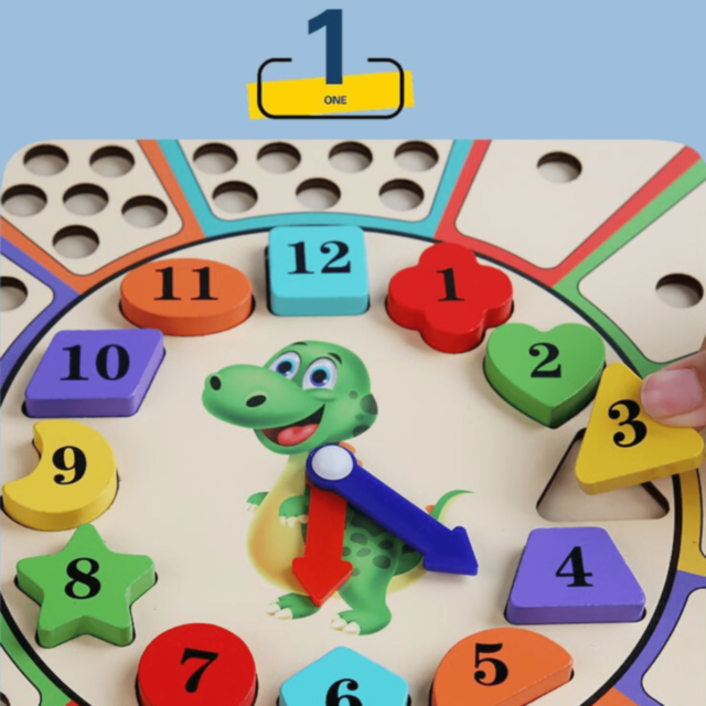 Ceas Educațional cu Dinozaur – Joc de Sortare Culori și Forme din Lemn