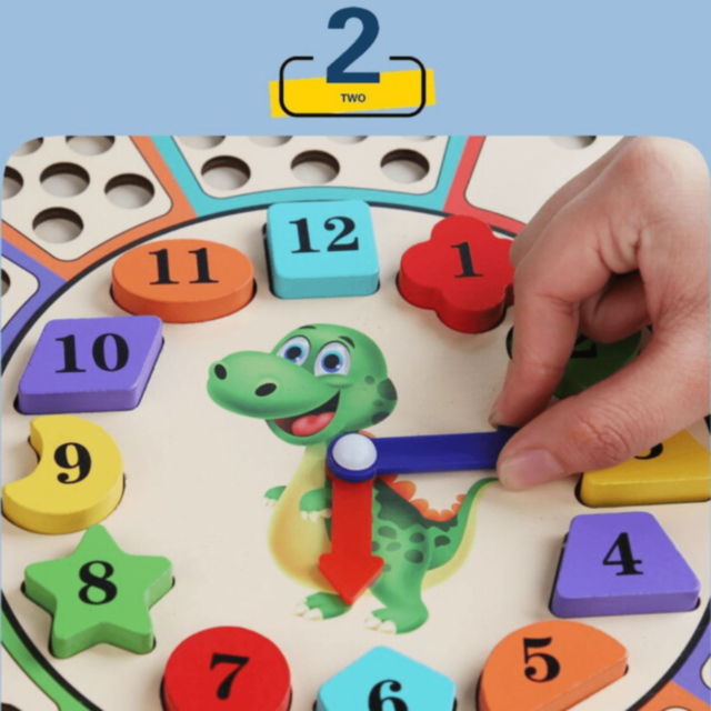 Ceas Educațional cu Dinozaur – Joc de Sortare Culori și Forme din Lemn