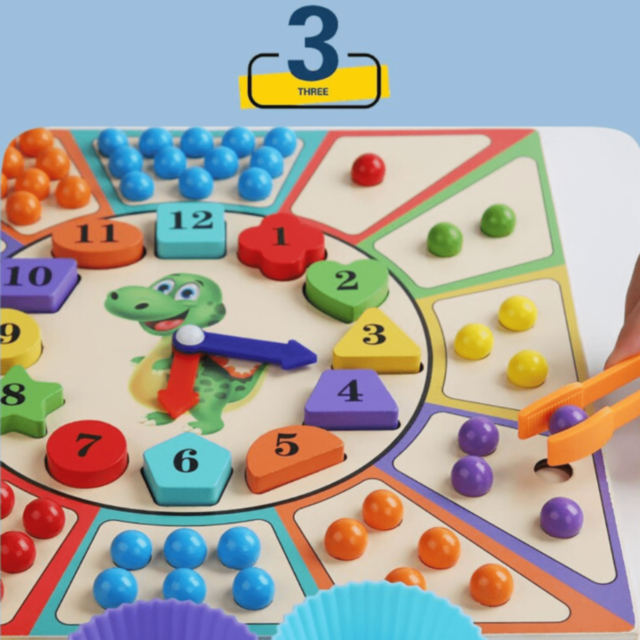 Ceas Educațional cu Dinozaur – Joc de Sortare Culori și Forme din Lemn