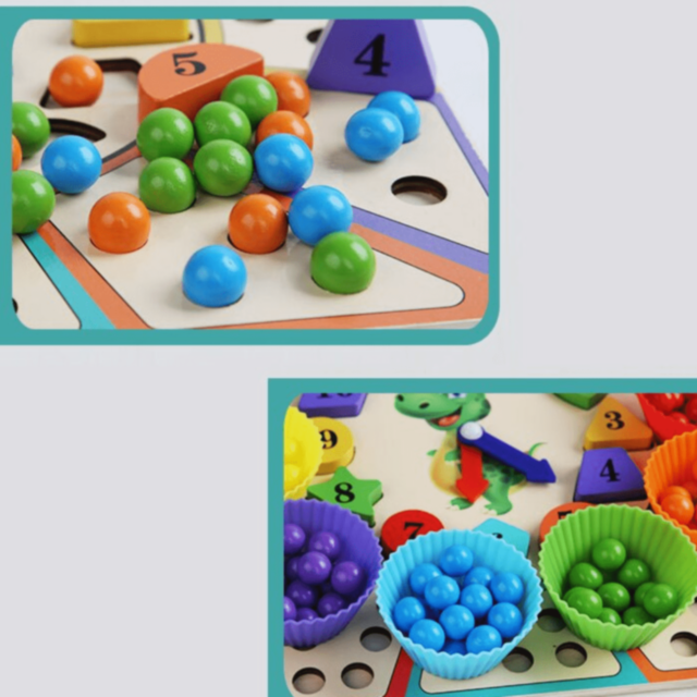 Ceas Educațional cu Dinozaur – Joc de Sortare Culori și Forme din Lemn