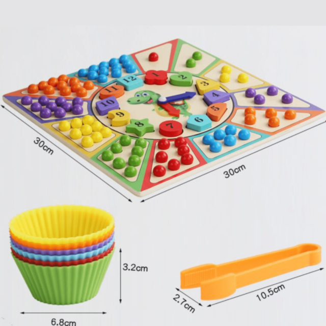 Ceas Educațional cu Dinozaur – Joc de Sortare Culori și Forme din Lemn