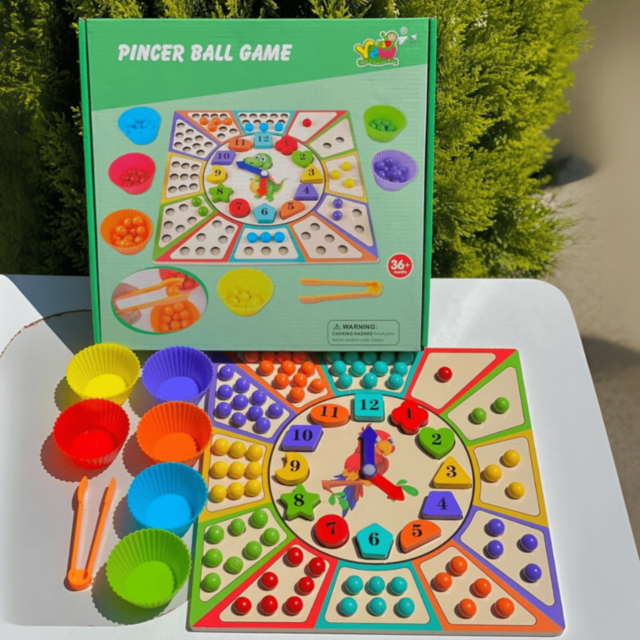 Ceas Educațional cu Dinozaur – Joc de Sortare Culori și Forme din Lemn