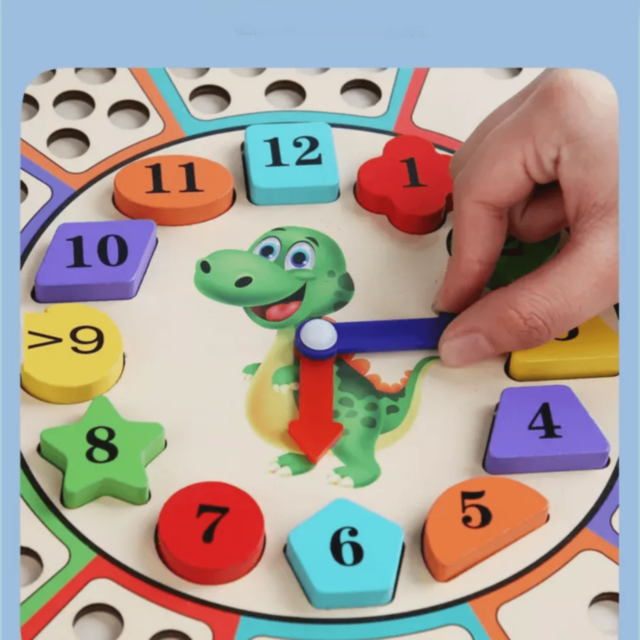 Ceas Educațional cu Dinozaur – Joc de Sortare Culori și Forme din Lemn