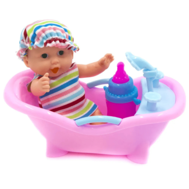 Păpușă Bebeluș cu Cadă Roz și Biberon (model aleatoriu)