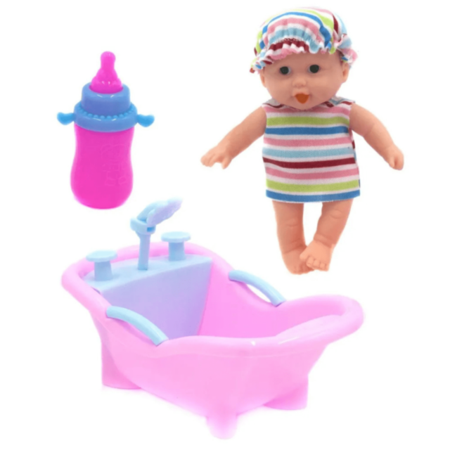 Păpușă Bebeluș cu Cadă Roz și Biberon (model aleatoriu)