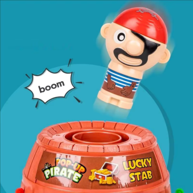 Joc Interactiv Pop-Up cu Pirat în Butoi și Săbii Colorate