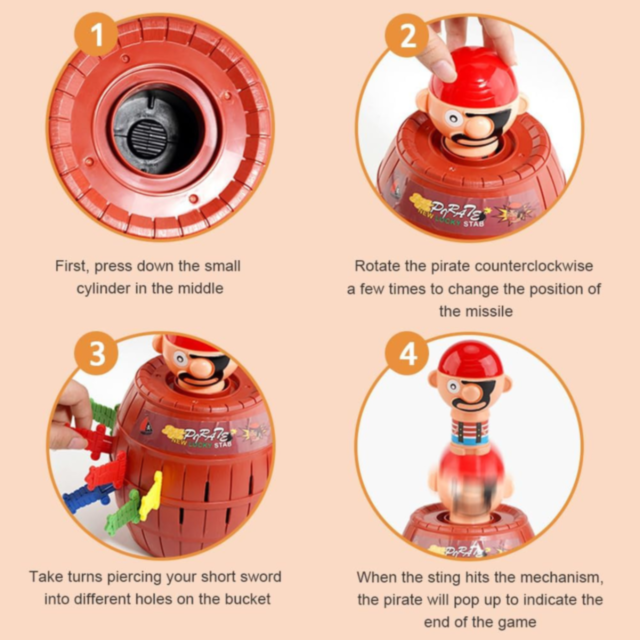 Joc Interactiv Pop-Up cu Pirat în Butoi și Săbii Colorate