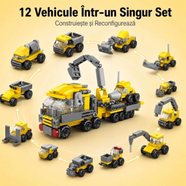 Set Construcție 12 în 1 Vehicule de Șantier 332 Piese