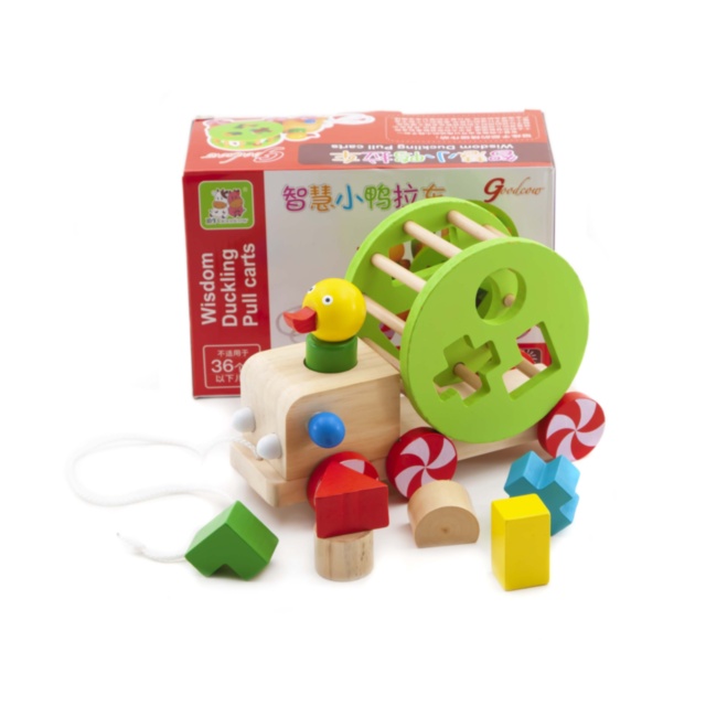 Rățușca Plimbăreață din Lemn cu Stivuitor de Figuri Geometrice, jucărie de tras