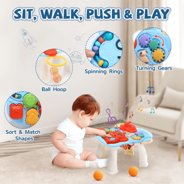 Premergător 4 în 1 cu Pian, Mese de Activități și Panou Detasabil – Jucărie Educativă și Interactivă