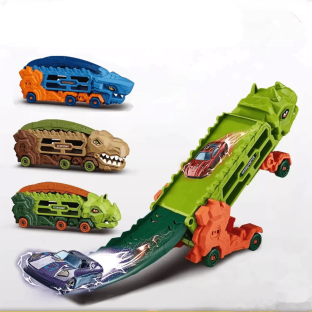 Mașină Dinozaur cu Piste Transformabile și 1 Mașinuță Metalică (model aleatoriu)