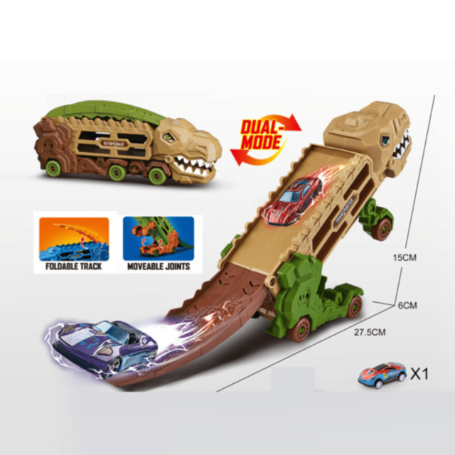 Mașină Dinozaur cu Piste Transformabile și 1 Mașinuță Metalică (model aleatoriu)