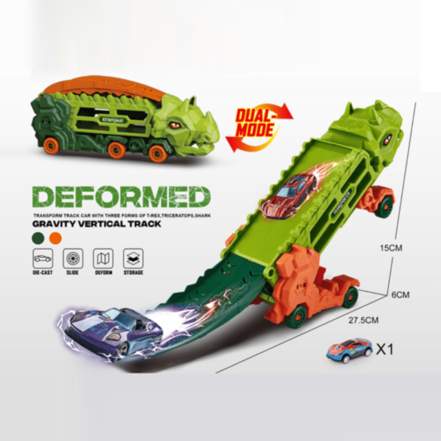 Mașină Dinozaur cu Piste Transformabile și 1 Mașinuță Metalică (model aleatoriu)