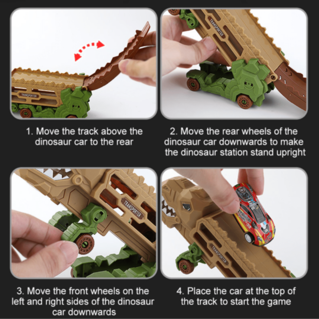 Mașină Dinozaur cu Piste Transformabile și 1 Mașinuță Metalică (model aleatoriu)