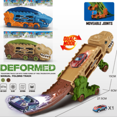 Mașină Dinozaur cu Piste Transformabile și 1 Mașinuță Metalică (model aleatoriu) | image