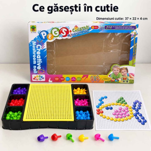 Joc mozaic cu pioneze colorate și tablă, 210 piese