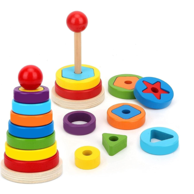 Turn Montessori din Lemn cu Forme Geometrice și Inele Colorate – Joc Educativ 2 în 1