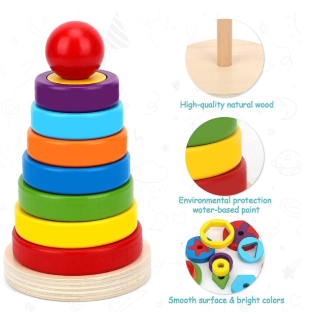 Turn Montessori din Lemn cu Forme Geometrice și Inele Colorate – Joc Educativ 2 în 1