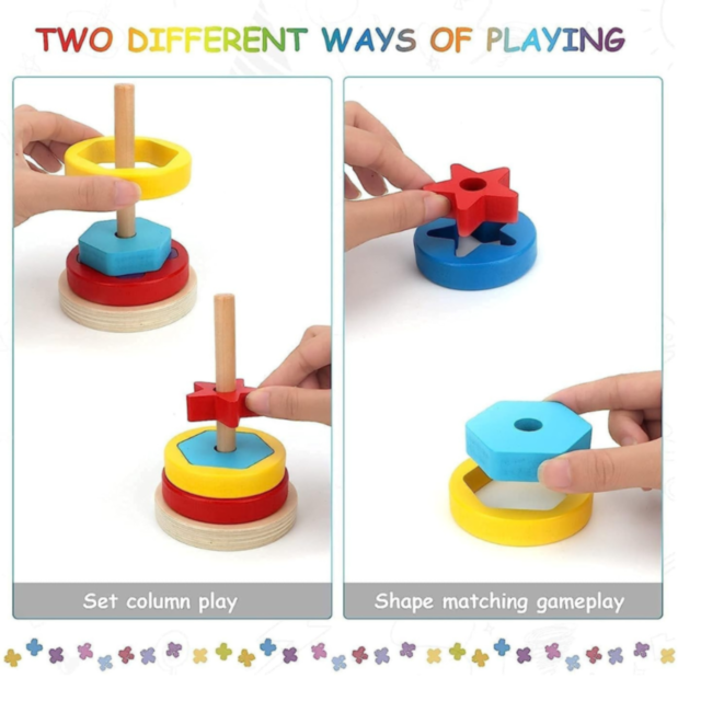 Turn Montessori din Lemn cu Forme Geometrice și Inele Colorate – Joc Educativ 2 în 1