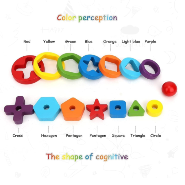 Turn Montessori din Lemn cu Forme Geometrice și Inele Colorate – Joc Educativ 2 în 1