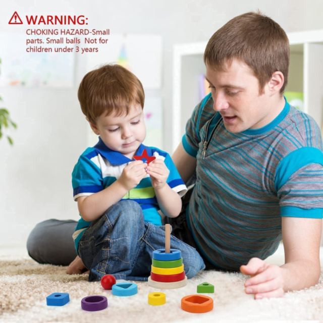 Turn Montessori din Lemn cu Forme Geometrice și Inele Colorate – Joc Educativ 2 în 1