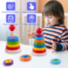 Turn Montessori din Lemn cu Forme Geometrice și Inele Colorate – Joc Educativ 2 în 1