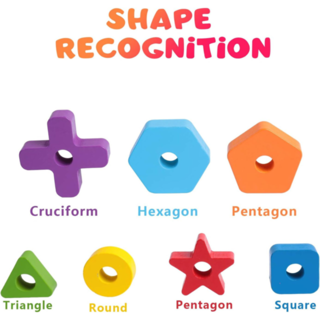 Turn Montessori din Lemn cu Forme Geometrice și Inele Colorate – Joc Educativ 2 în 1