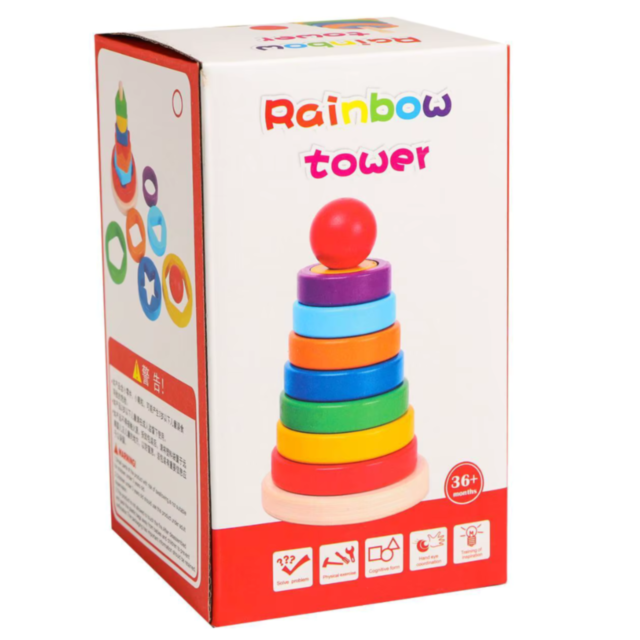 Turn Montessori din Lemn cu Forme Geometrice și Inele Colorate – Joc Educativ 2 în 1