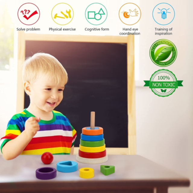 Turn Montessori din Lemn cu Forme Geometrice și Inele Colorate – Joc Educativ 2 în 1