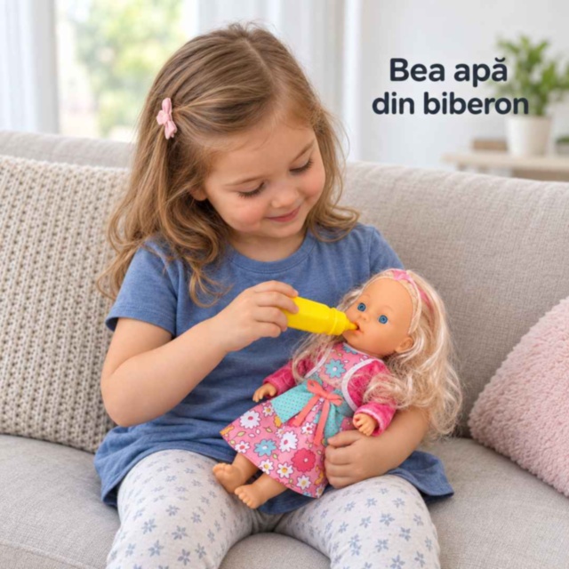 Păpușă 28 cm cu biberon pentru joacă de rol