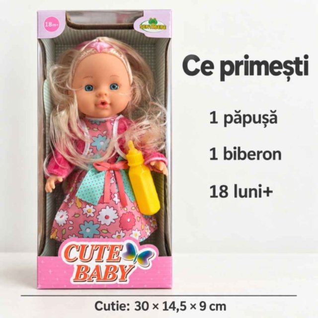 Păpușă 28 cm cu biberon pentru joacă de rol