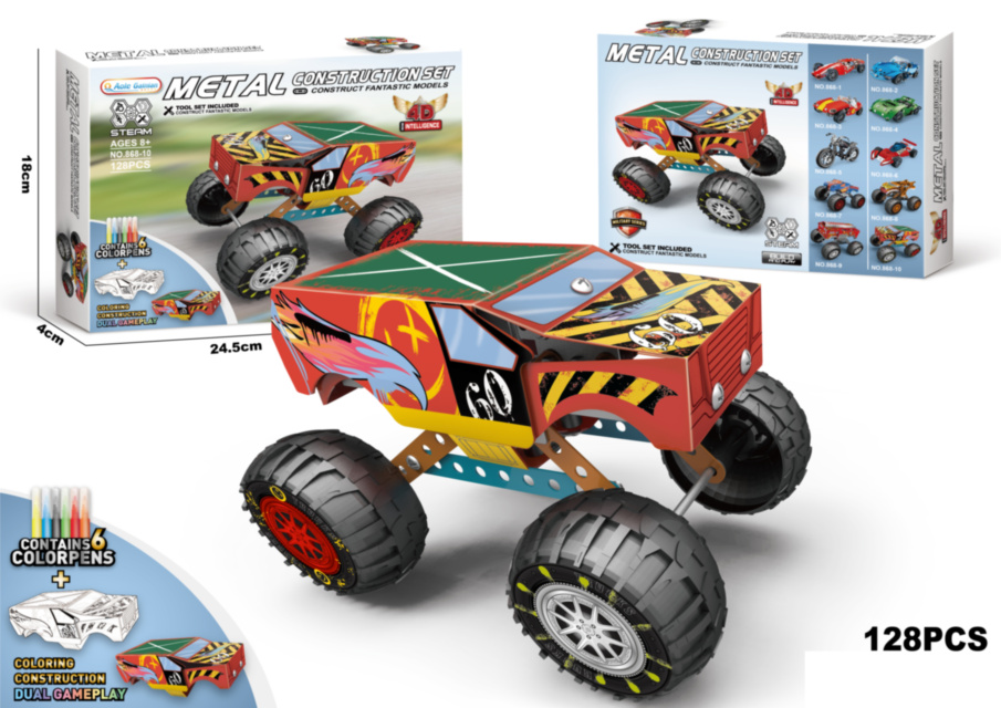 Set Metalic de Construcție Mașină Off-Road cu 128 de Piese și Carioci pentru Personalizare