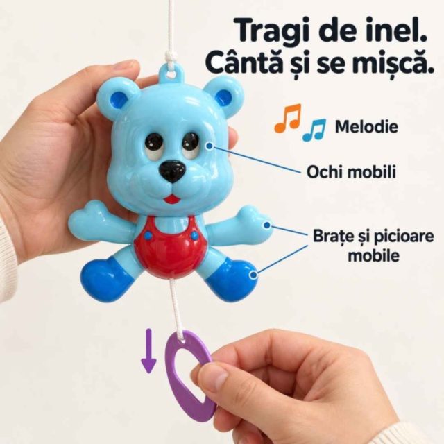 Jucărie muzicală pentru bebeluși, cu inel de tras